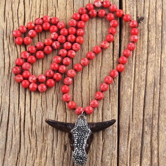 Brand New Womens Boho Western Cow Skull Long Knotted Red Stone Beaded Necklace - Picture 3 of 7
